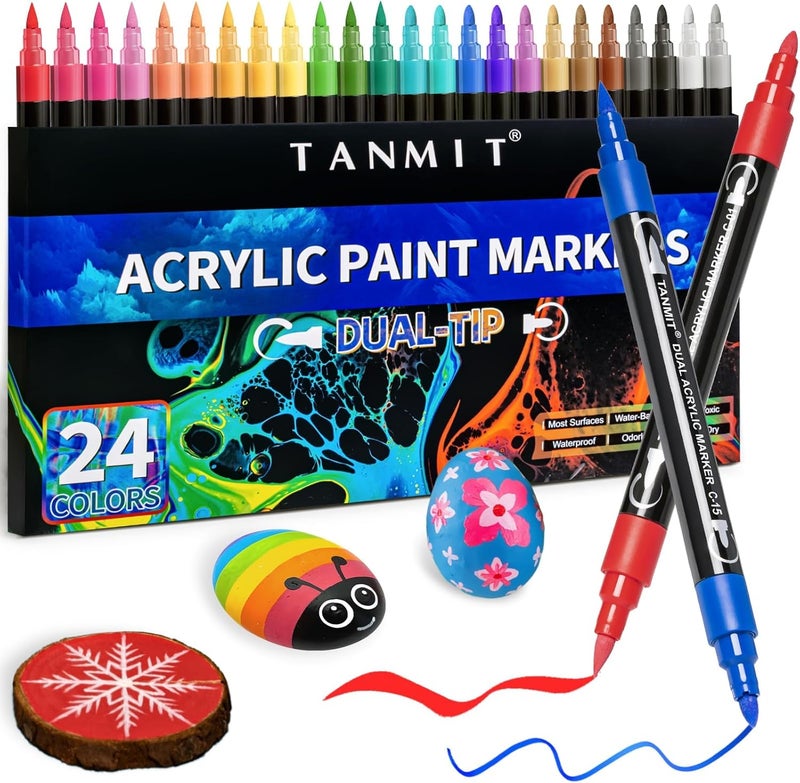 TANMIT 24 Colors Acrylic Paint Pens, Dual Tip Acrylic Paint Markers with Brush Tip and Fine Tip, Acrylic Pens for Rock Painting, Wood, Canvas, Stone, Glass, Ceramic,DIY Crafts Making Art Supplies - Image 1